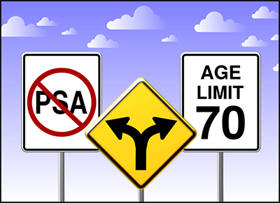 A graphic with three traffic signs depicts the variation in current guidelines with respect to PSA screening. From left to right, PSA with the slash through it, a merge sign with arrows pointing at each sign, and a speed limit sign that has Age Limit 70